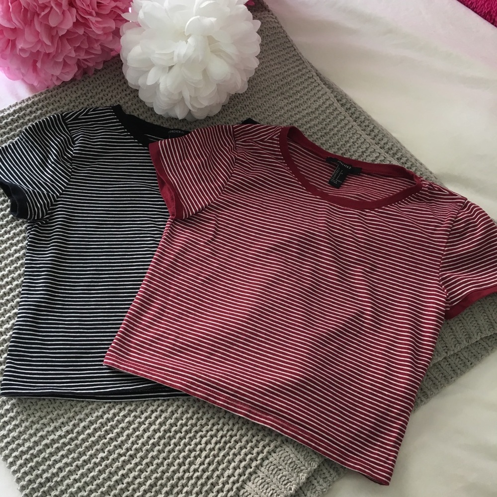 Forever21 Black and Maroon Striped Tees